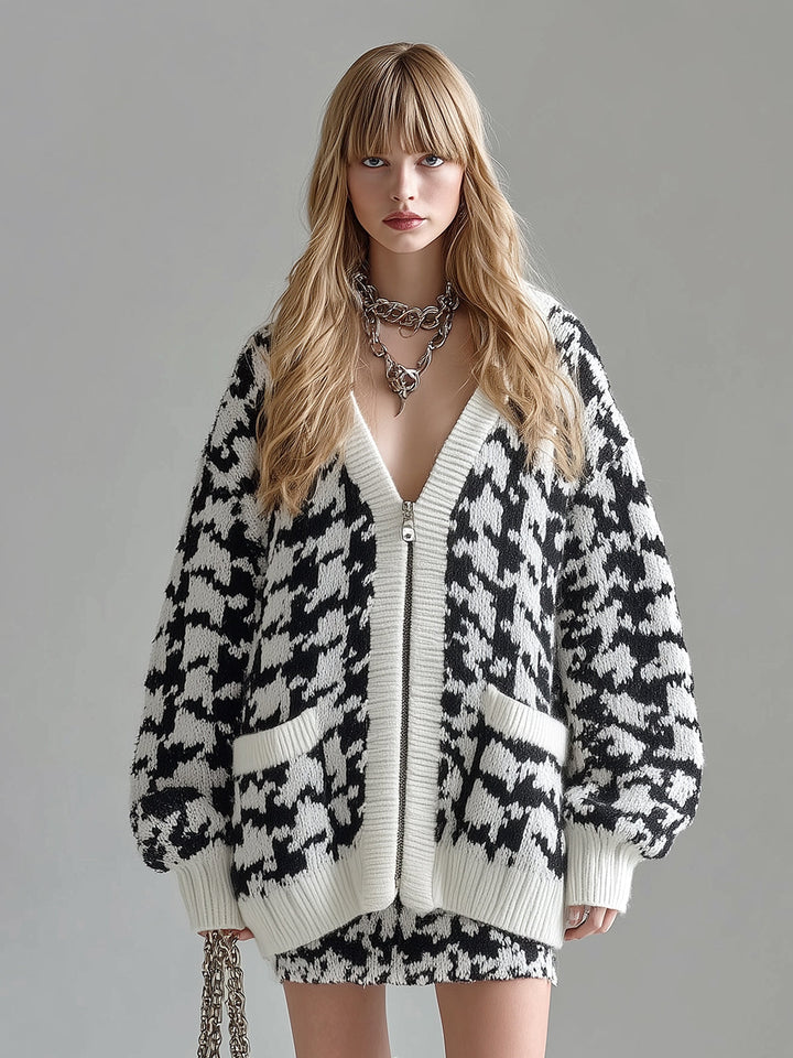 Ora | Každodenní elegantní svetr s V-výstřihem, jednobarevný, oversized, s dlouhými rukávy, pletený, s houndstooth vzorem