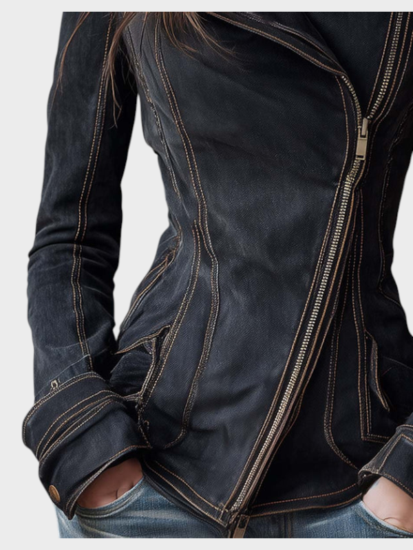 Hanne | Motocyklová bunda z vintage praného denimu – Uhlově černá