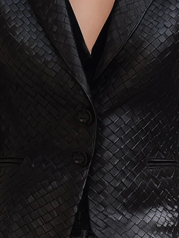 Cassy | Černý Pletený Kožený Blazer