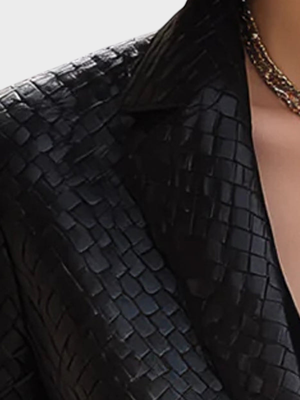 Cassy | Černý Pletený Kožený Blazer