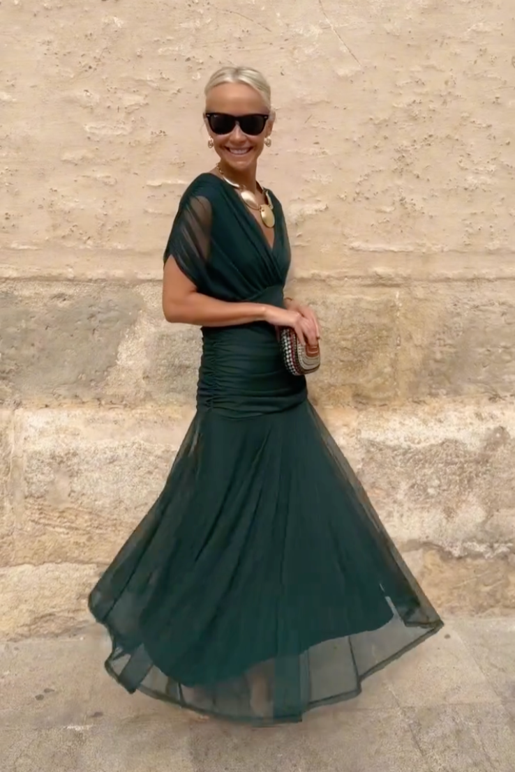 Louise Elegantní Maxi Šaty s V Výstřihem a Rukávy