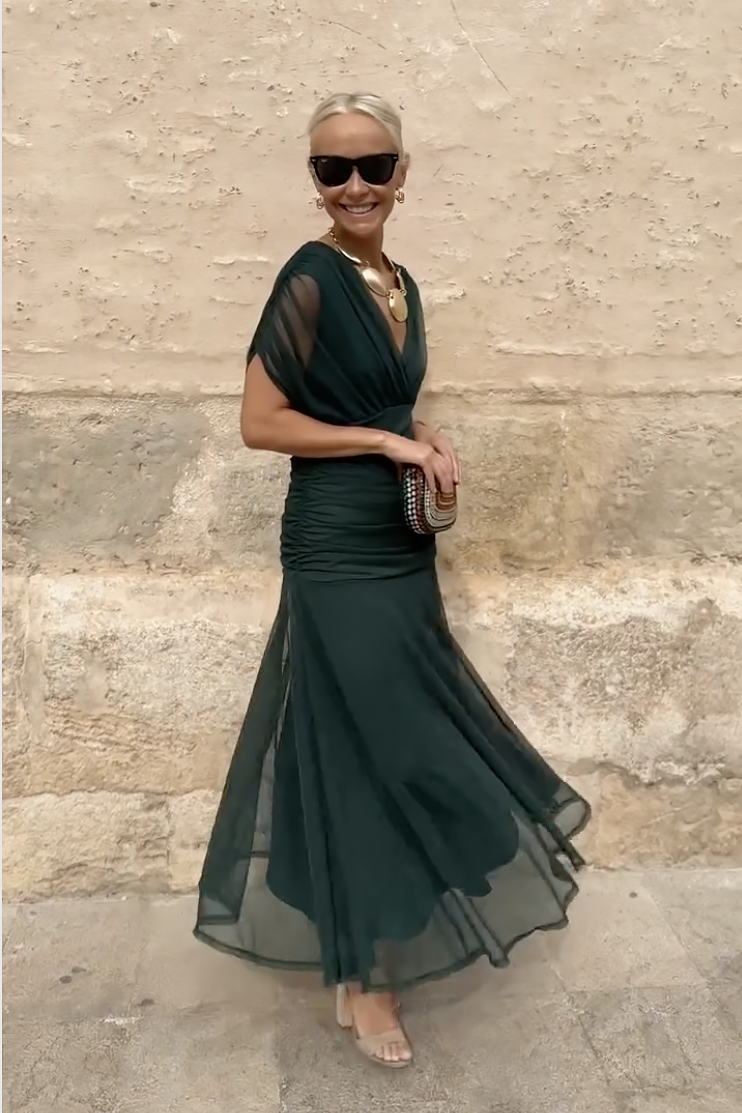 Louise Elegantní Maxi Šaty s V Výstřihem a Rukávy