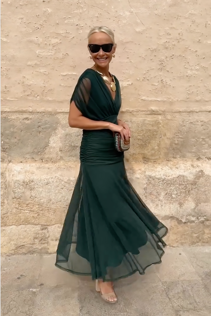 Louise Elegantní Maxi Šaty s V Výstřihem a Rukávy