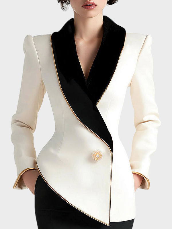 Sahra | Elegantní Asymetrický Bílý Blazer s Černými Kontrasty