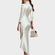 Blanca | Dámské Bílé Saténové Šaty Wrap V Výstřih 3/4 Rukáv Vysoký Nízký Bodycon Maxi