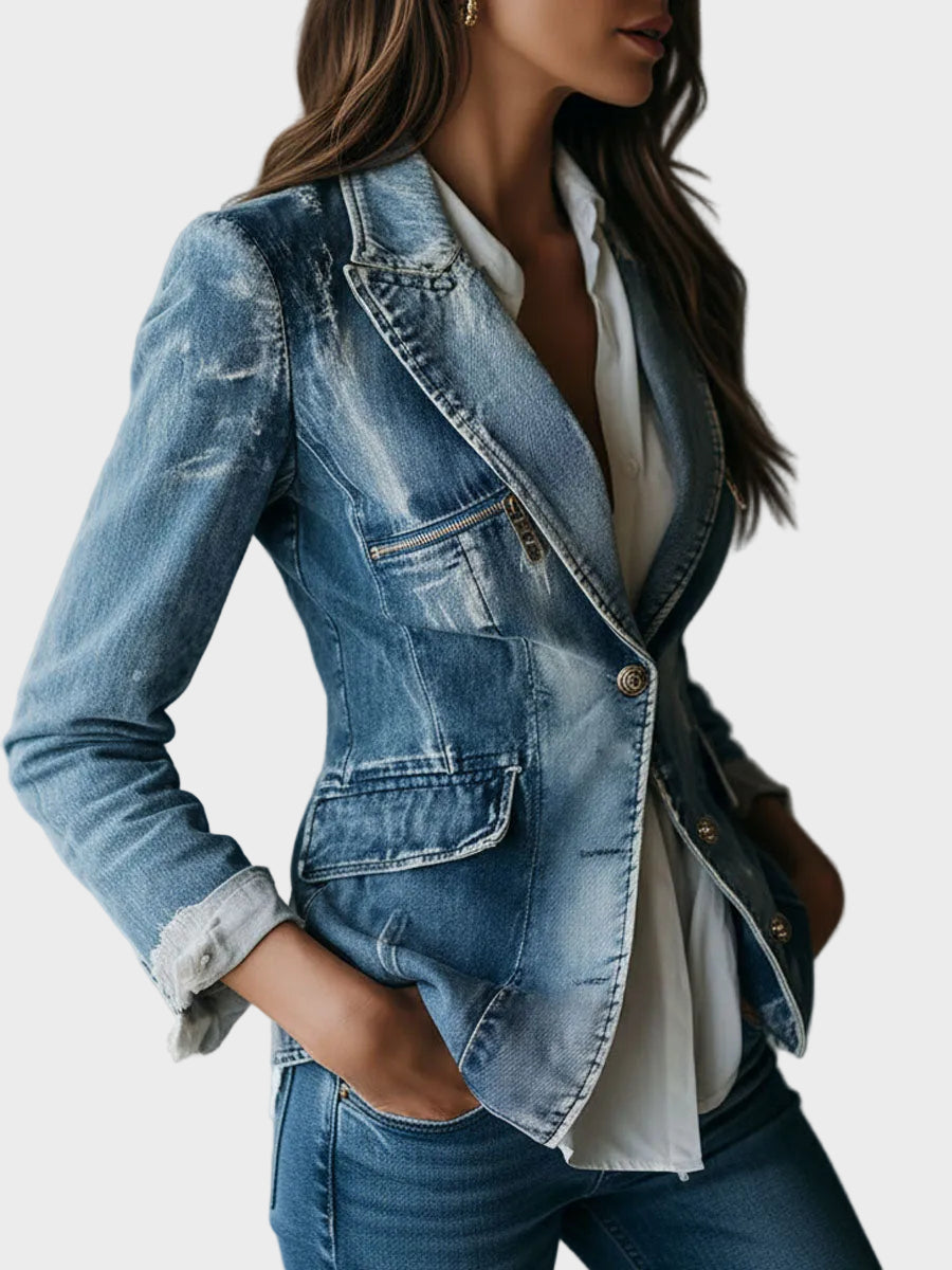 Olaya | Vintage Bez Piepūles Šití Vypraný Denim Blazer