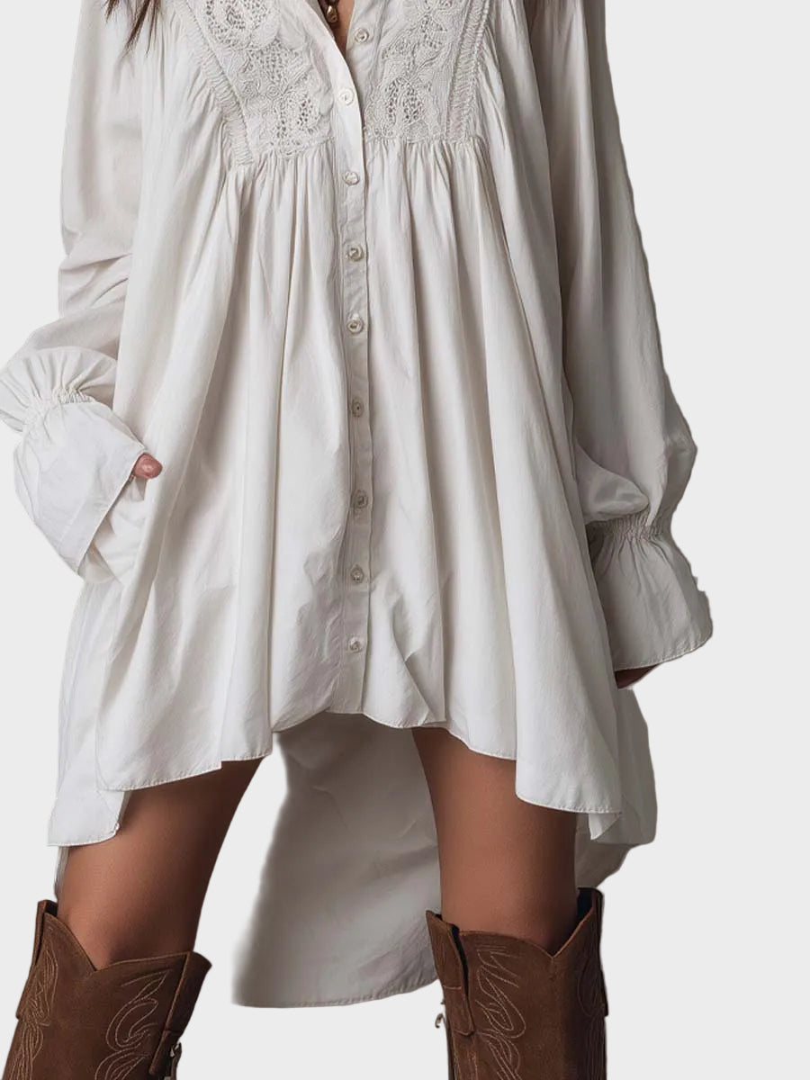 Měrija - Retro styl mini šaty s krajkou, asymetrický design spodního lemu a dlouhými rukávy