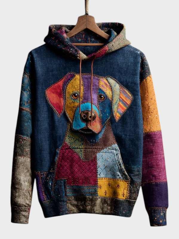 Avia | Vintage mikina s kapucí a potiskem psů v patchwork stylu