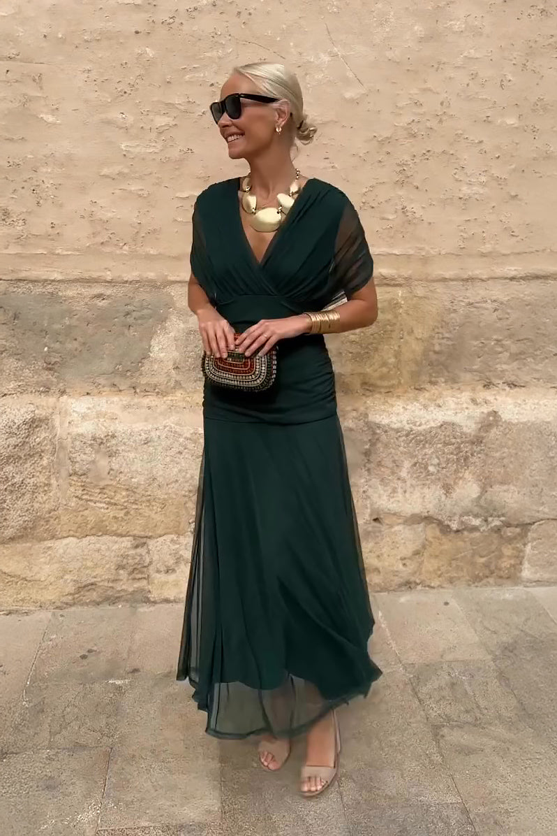 Louise Elegantní Maxi Šaty s V Výstřihem a Rukávy