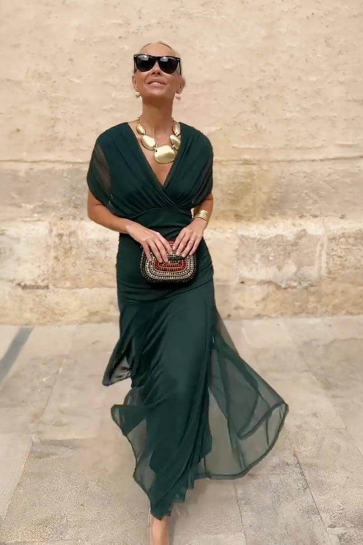 Louise Elegantní Maxi Šaty s V Výstřihem a Rukávy
