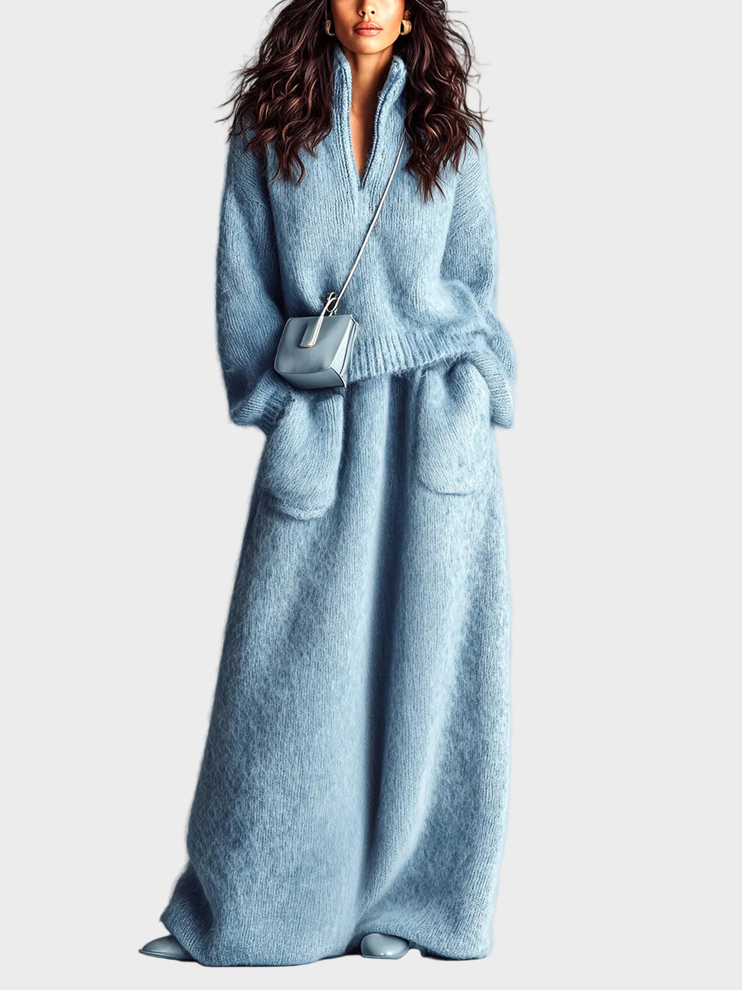 Rosie - Elegantní modrý dvoudílný set s pleteným svetrem s stojáčkem, véčkovým výstřihem, dlouhými rukávy a volnou siluetou, stejně jako maxi sukní s kapsami a chlupatým pletením