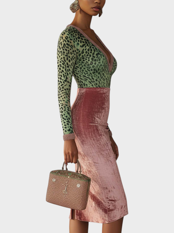 Regitze | Růžové Sametové Bodycon Šaty s Překřížením a Leopardím Vzorem