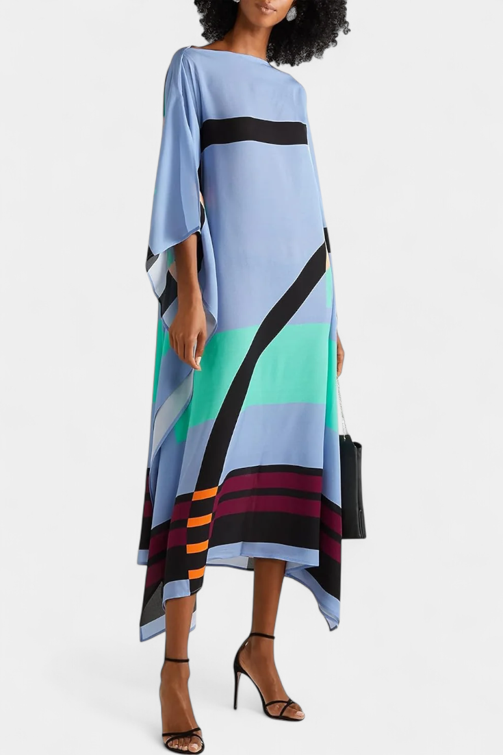 Kaftan Elenora s geometrickým vzorem široká silueta a síťovina