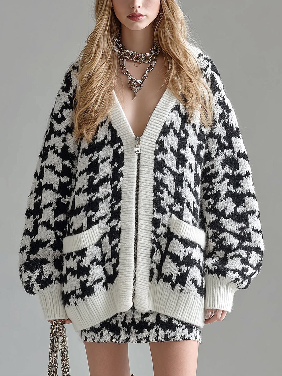Ora | Každodenní elegantní svetr s V-výstřihem, jednobarevný, oversized, s dlouhými rukávy, pletený, s houndstooth vzorem