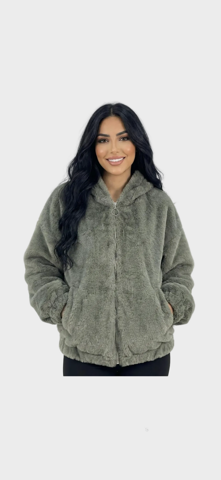 Nancy - Fleece teddy kabát s kapucí a zipem