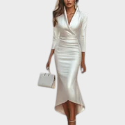 Blanca | Dámské Bílé Saténové Šaty Wrap V Výstřih 3/4 Rukáv Vysoký Nízký Bodycon Maxi