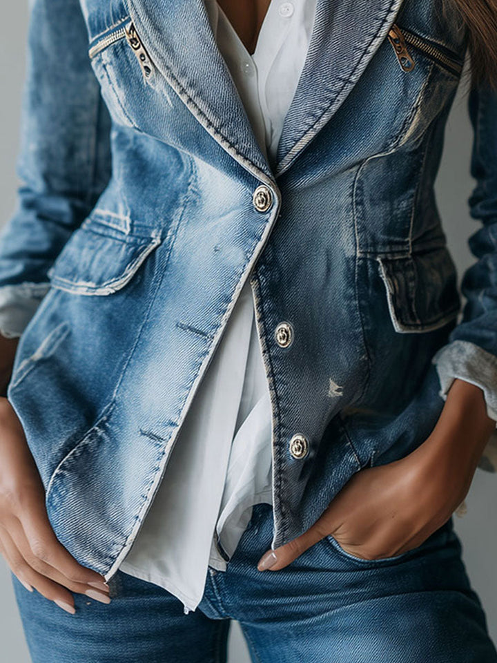 Olaya | Vintage Bez Piepūles Šití Vypraný Denim Blazer