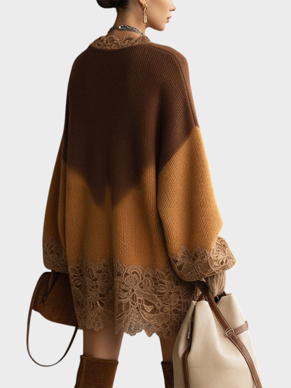 Mille | Kávová Ombre Pletená Krajková Oversized Mini Šaty S Dlouhými Rukávy
