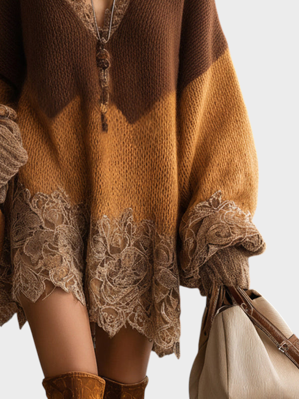 Mille | Kávová Ombre Pletená Krajková Oversized Mini Šaty S Dlouhými Rukávy