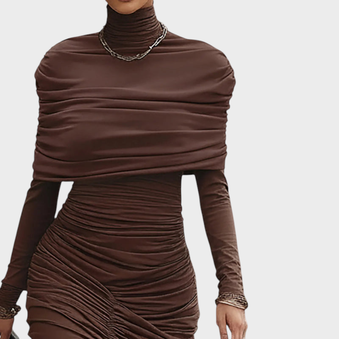Skúlení | Elegantní hnědé šaty s dlouhými rukávy