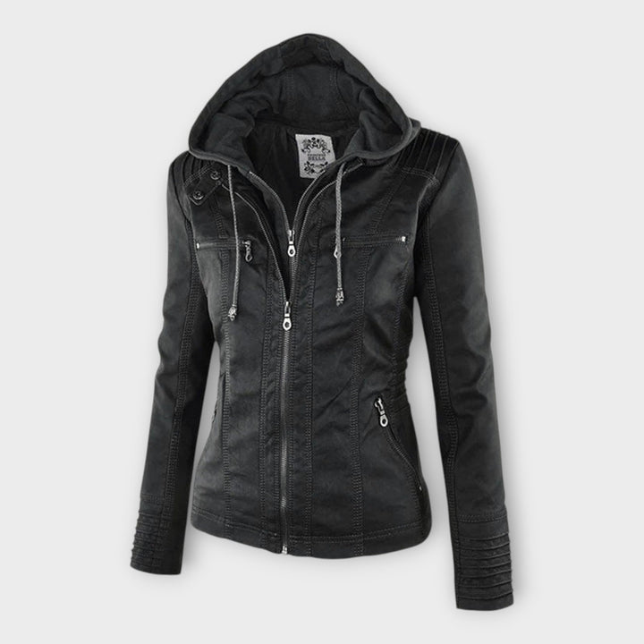 Modern leather jacket with hood and classic design