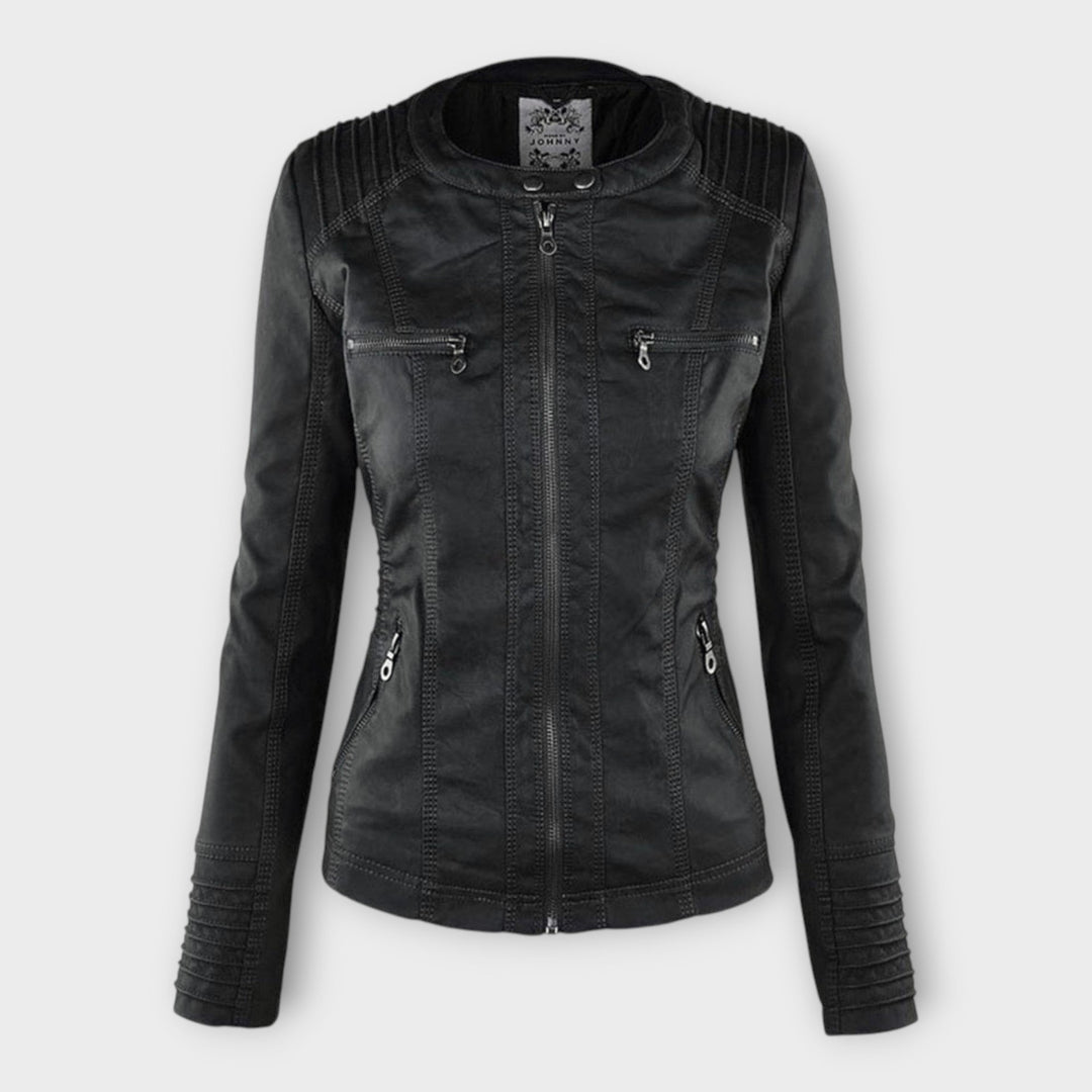 Modern leather jacket with hood and classic design