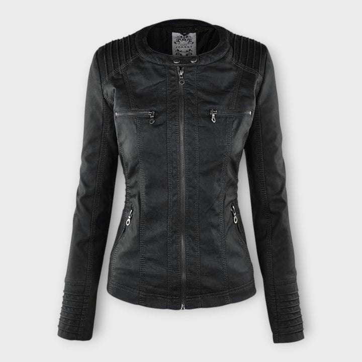 Modern leather jacket with hood and classic design