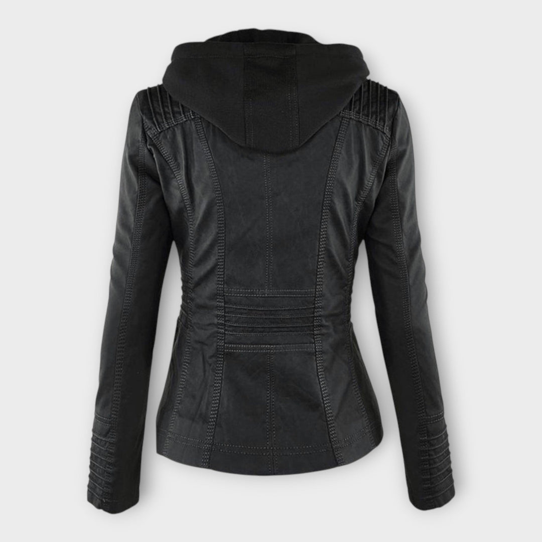 Modern leather jacket with hood and classic design