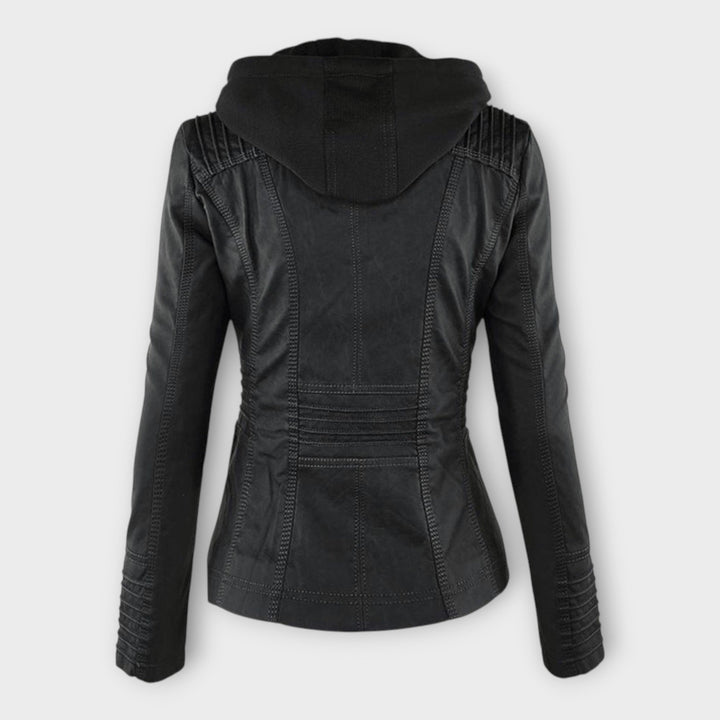 Modern leather jacket with hood and classic design