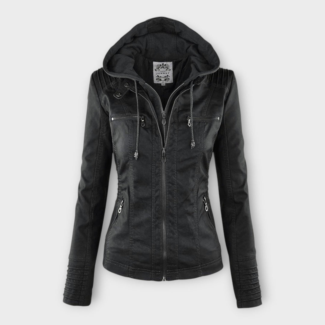 Modern leather jacket with hood and classic design