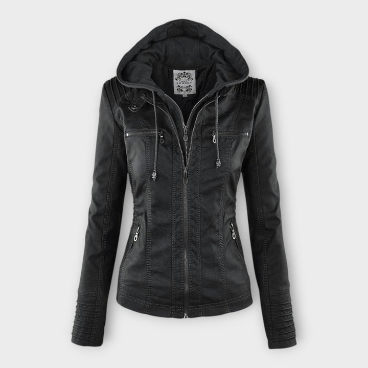 Modern leather jacket with hood and classic design