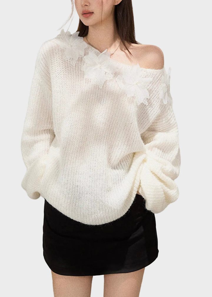 Mersedes | Boho Bílý Oversized Květinově Vyšívaný Pletený Top Podzim