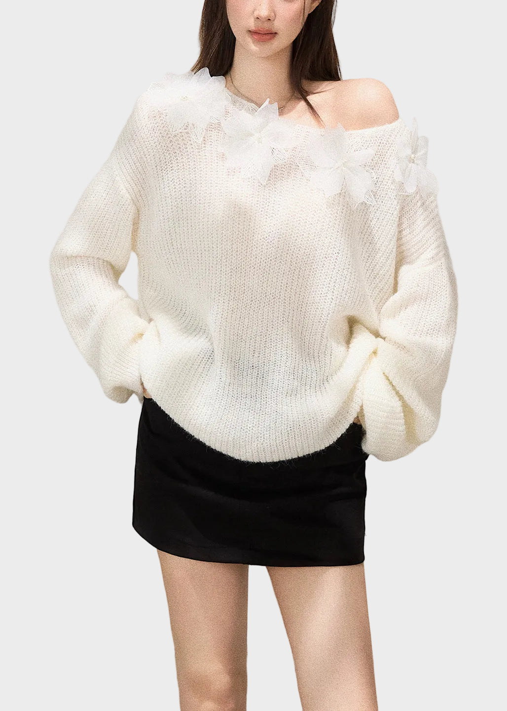 Mersedes | Boho Bílý Oversized Květinově Vyšívaný Pletený Top Podzim