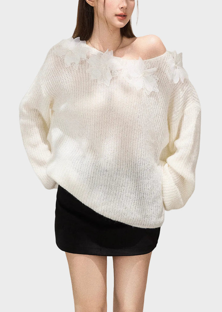 Mersedes | Boho Bílý Oversized Květinově Vyšívaný Pletený Top Podzim