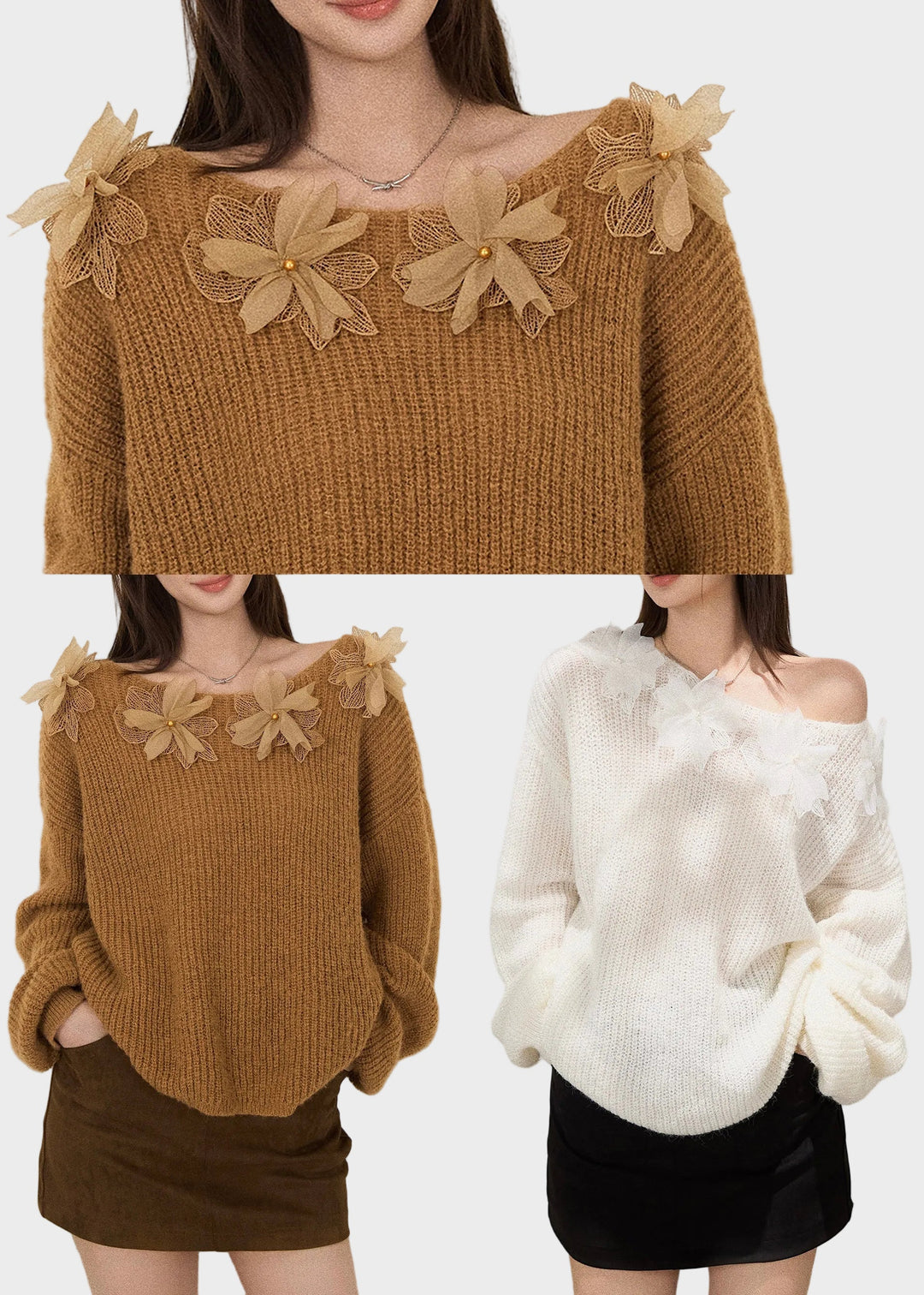 Mersedes | Boho Bílý Oversized Květinově Vyšívaný Pletený Top Podzim