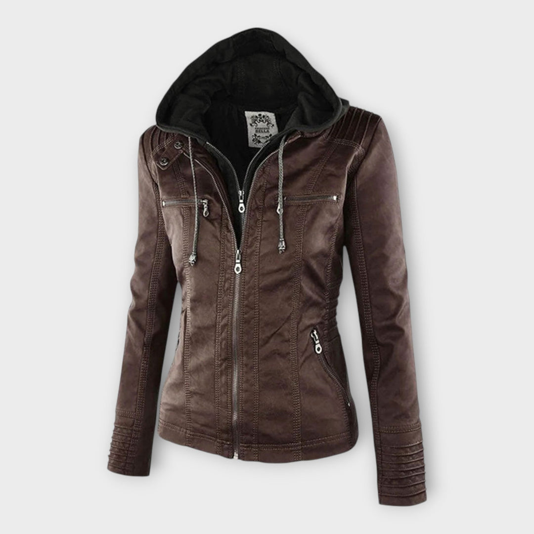 Modern leather jacket with hood and classic design