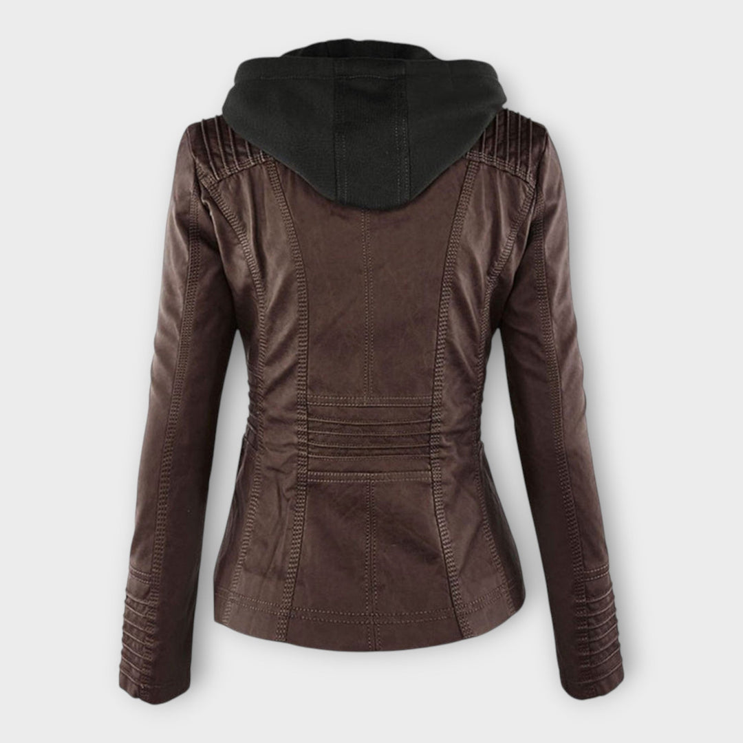 Modern leather jacket with hood and classic design