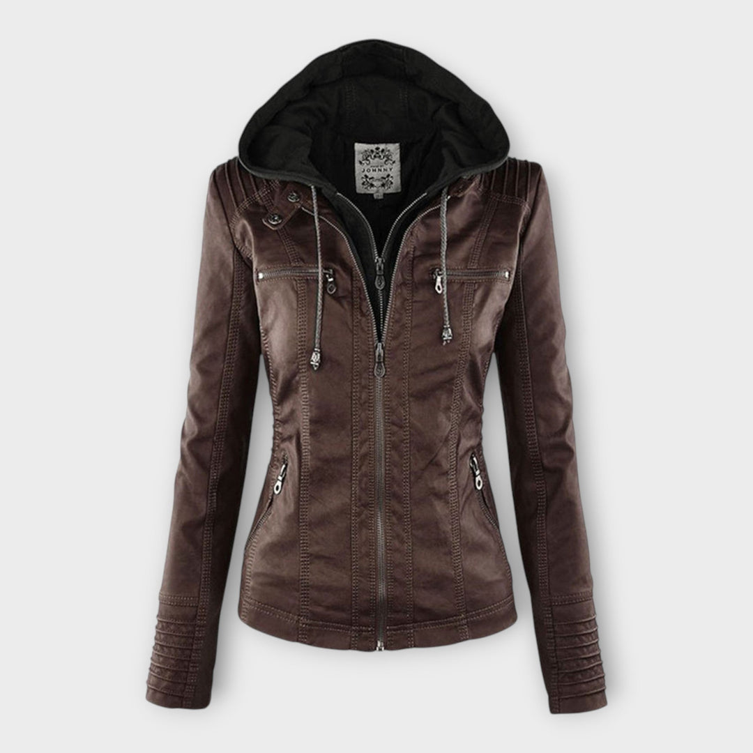 Modern leather jacket with hood and classic design