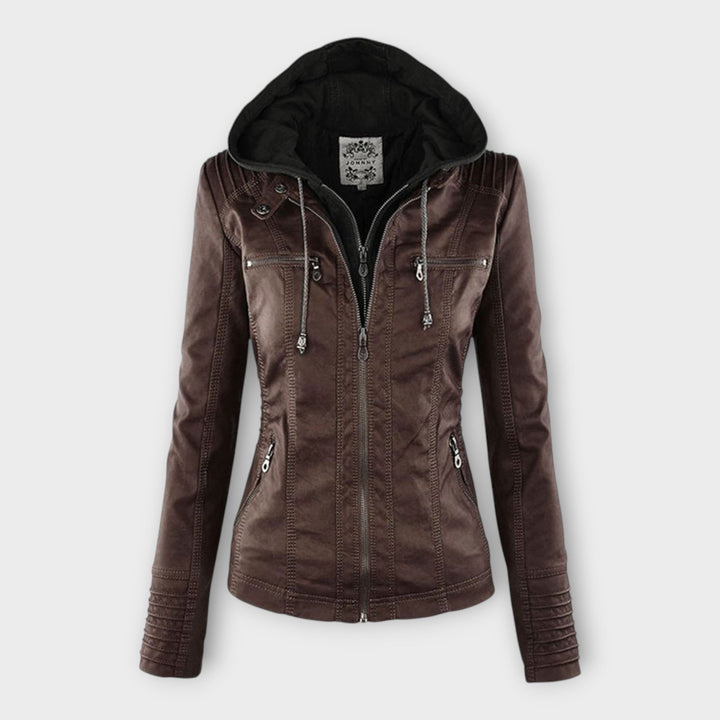 Modern leather jacket with hood and classic design