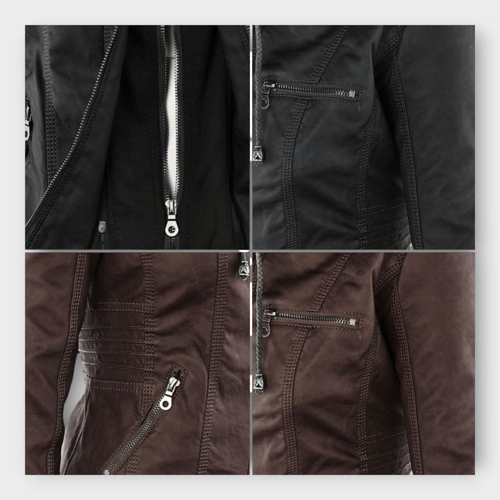 Modern leather jacket with hood and classic design