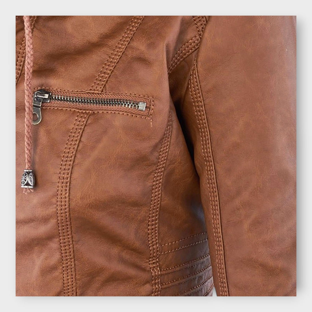 Modern leather jacket with hood and classic design