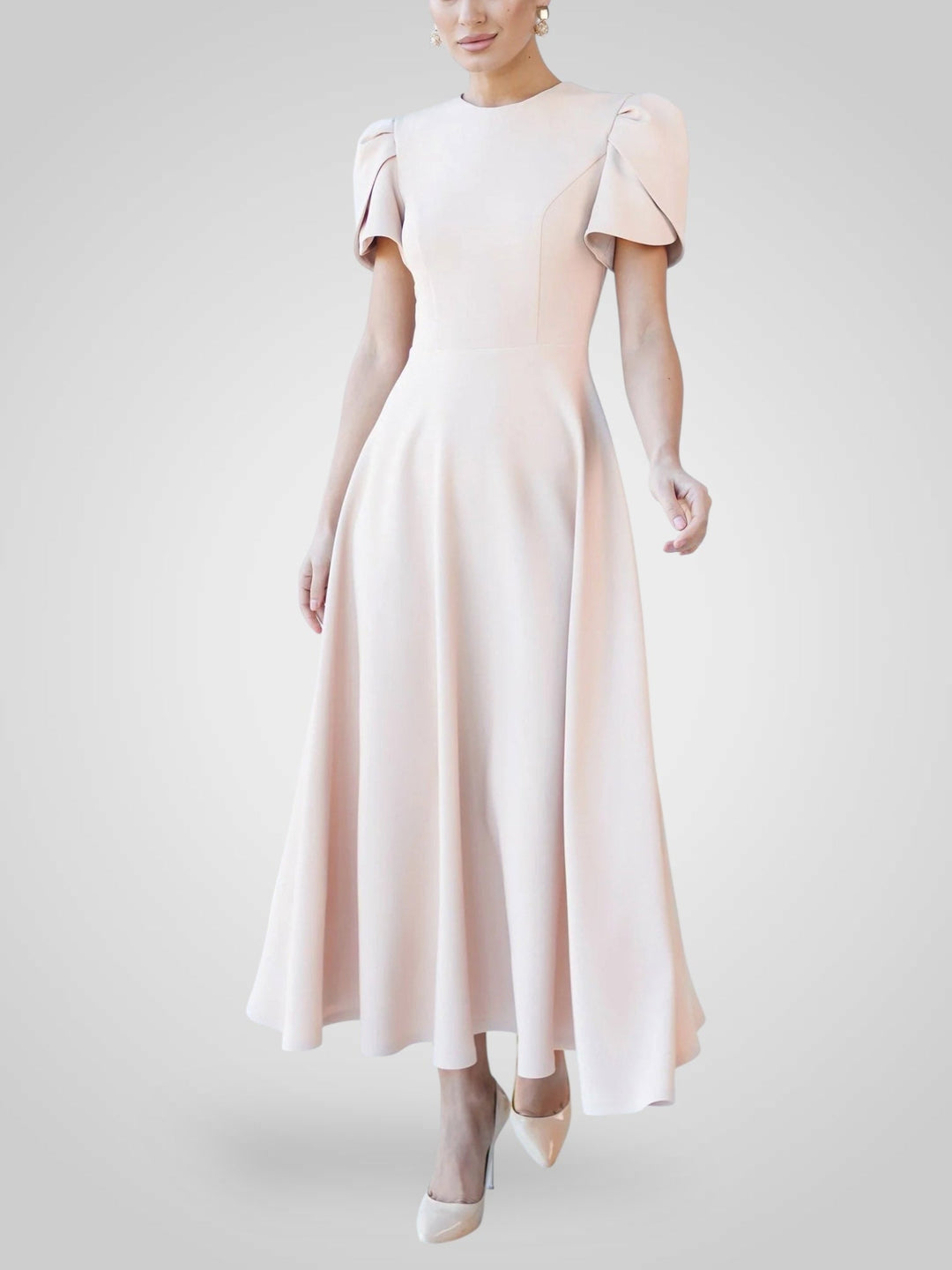 Elegantní Midi Šaty s Vysokým Límcem a Rukávy ve Tvaru Květiny