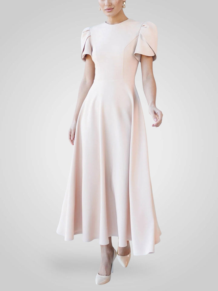 Elegantní Midi Šaty s Vysokým Límcem a Rukávy ve Tvaru Květiny