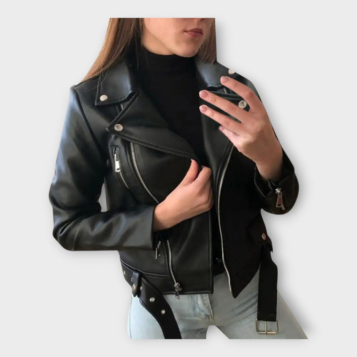 Modern leather jacket with belt and zipper