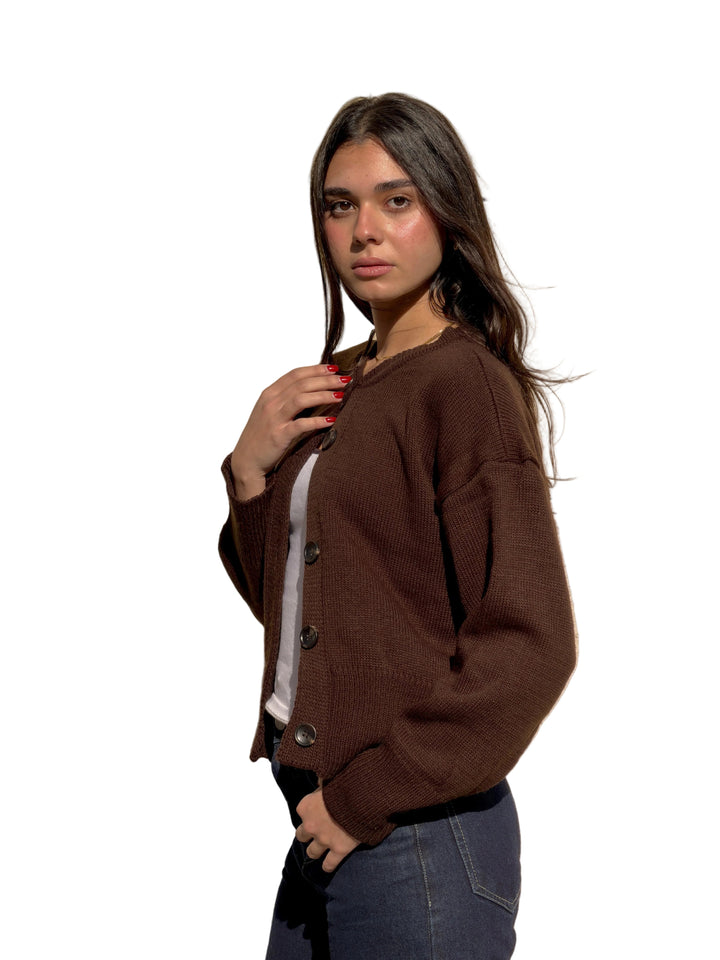 Georgina - Hnědá Pletená Bunda s Knoflíky