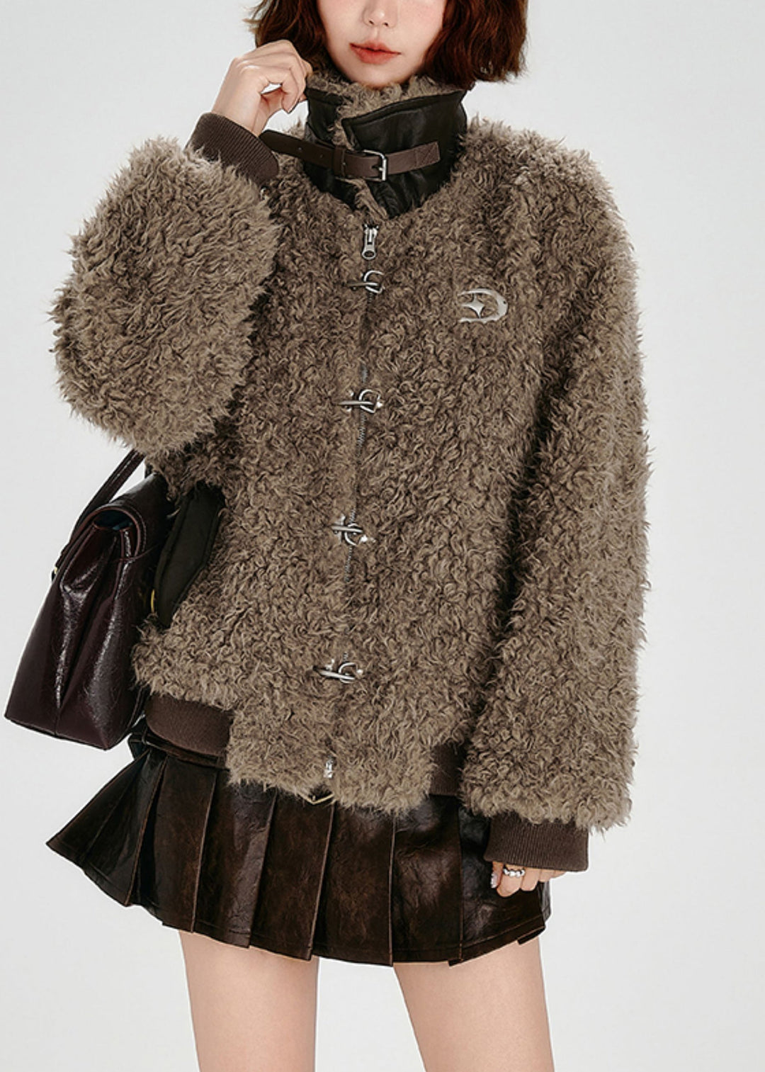 Leyla | Oversized kabát v italské kávě z umělé kůže a teddy - Zimní