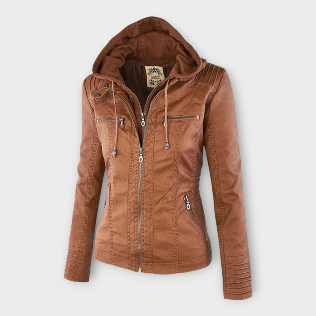 Modern leather jacket with hood and classic design