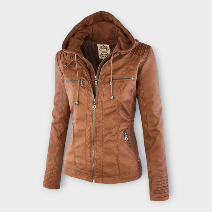 Modern leather jacket with hood and classic design