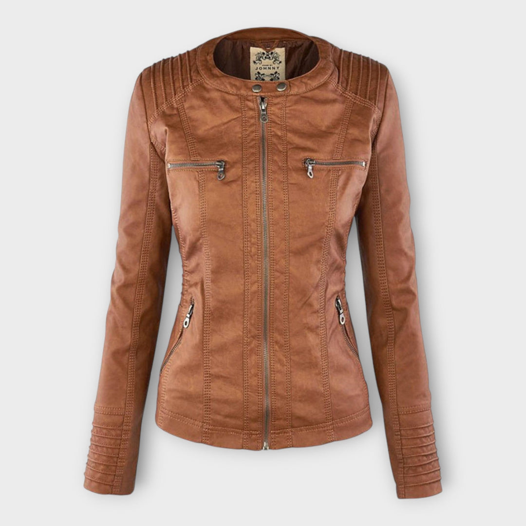 Modern leather jacket with hood and classic design