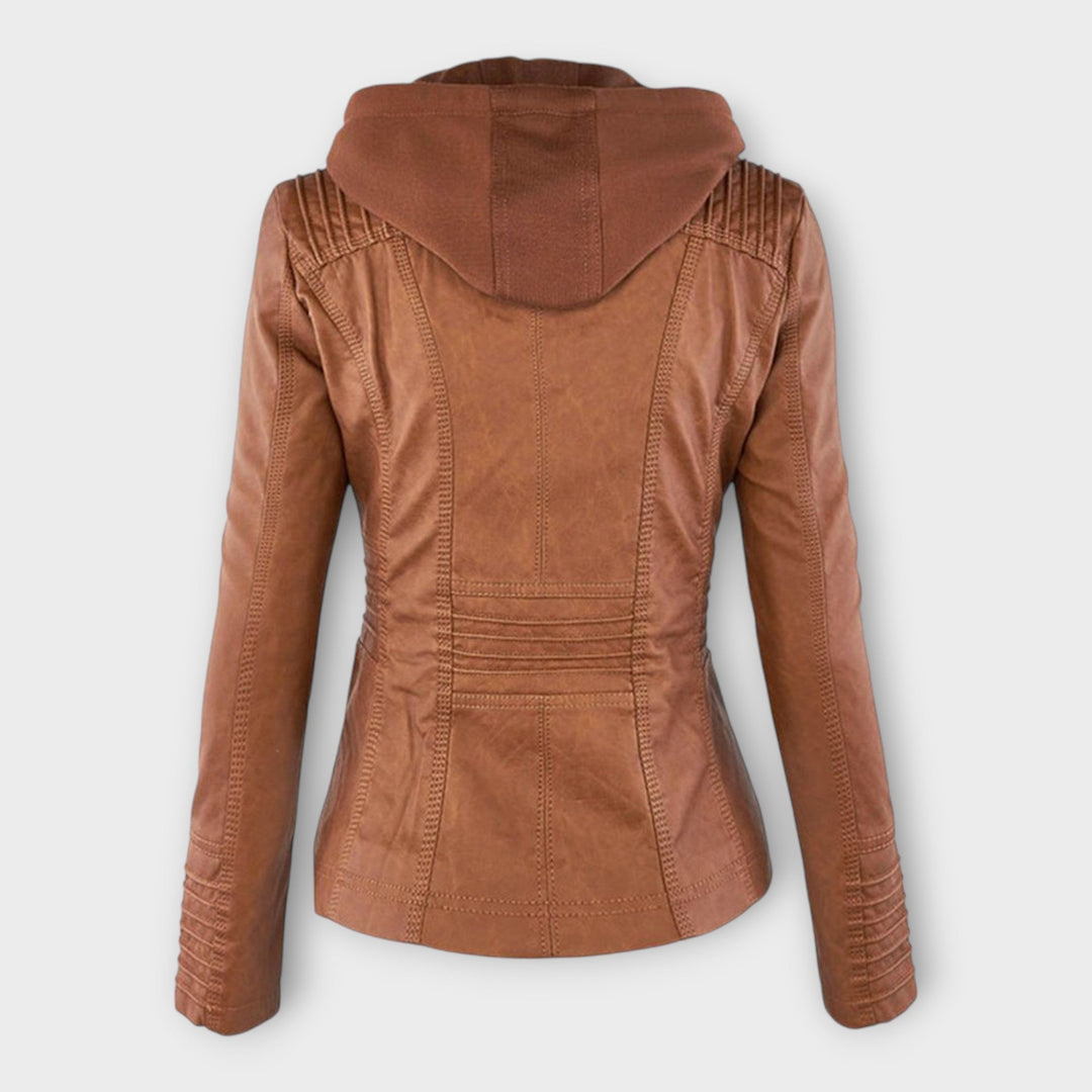 Modern leather jacket with hood and classic design